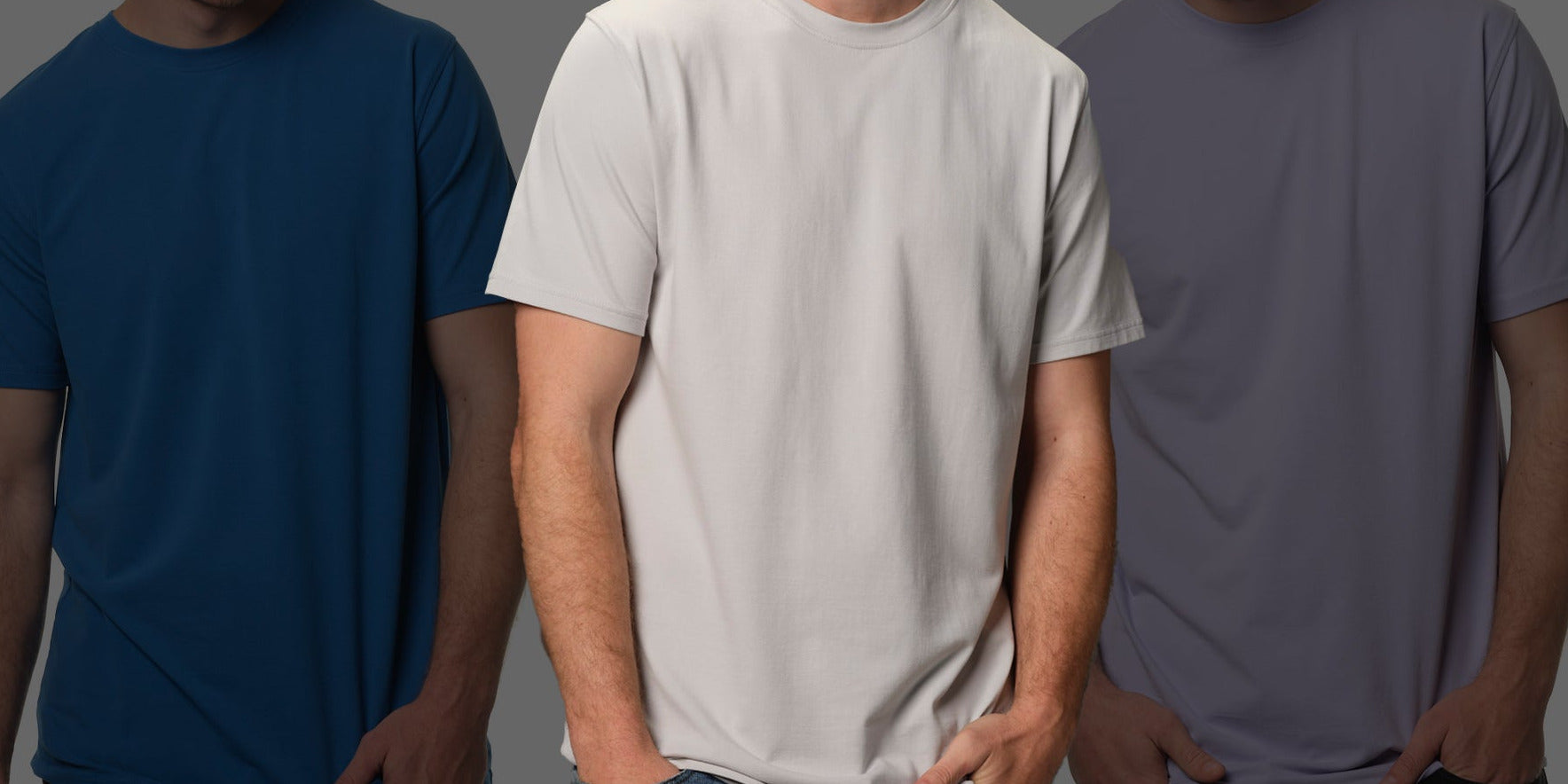 Male model wearing our "ash" premium gray t-shirt with "azure" and "lilac sky" shown muted in background